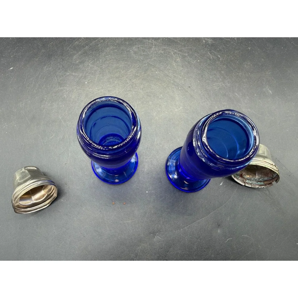 Vintage Cobalt Blue Glass Creamer Sugar Set Salt Pepper Shakers Art Deco Ribbed